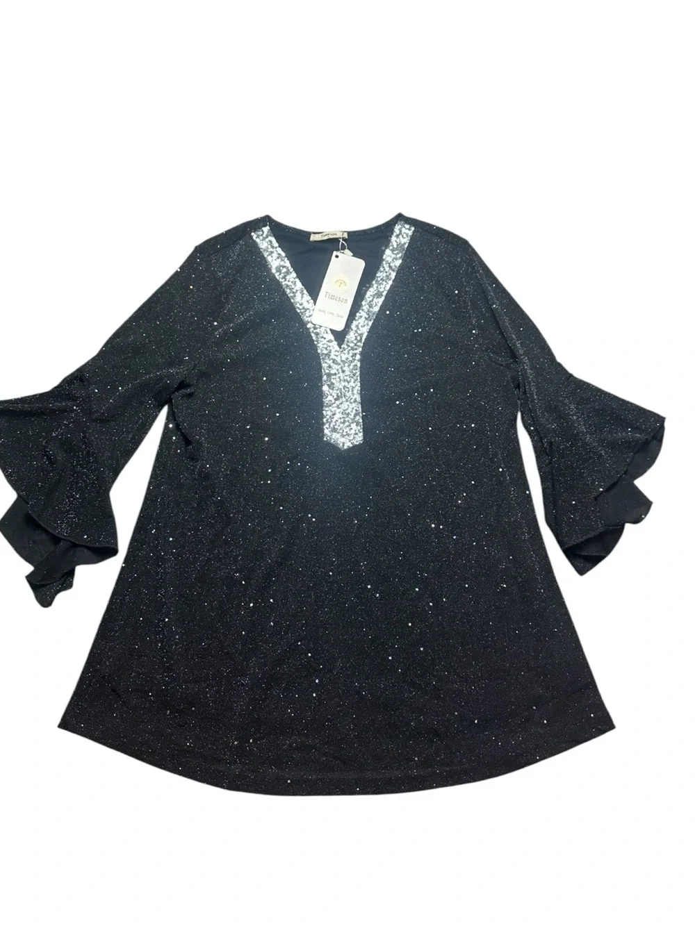 TIMESON: NWT Black Ruffle 3/4 sleeve sparkle Top with Sequin Details Size Medium